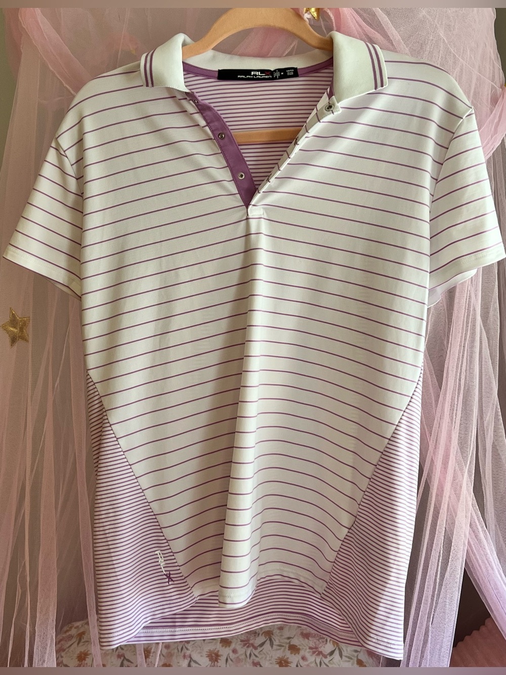 RLX Ralph Lauren Women’s Golf Polo Shirt in White w. Lilac Stripes | M | EUC